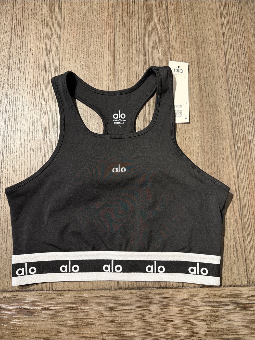 ALO Yoga Black Racerback Sports Bra with White Logo